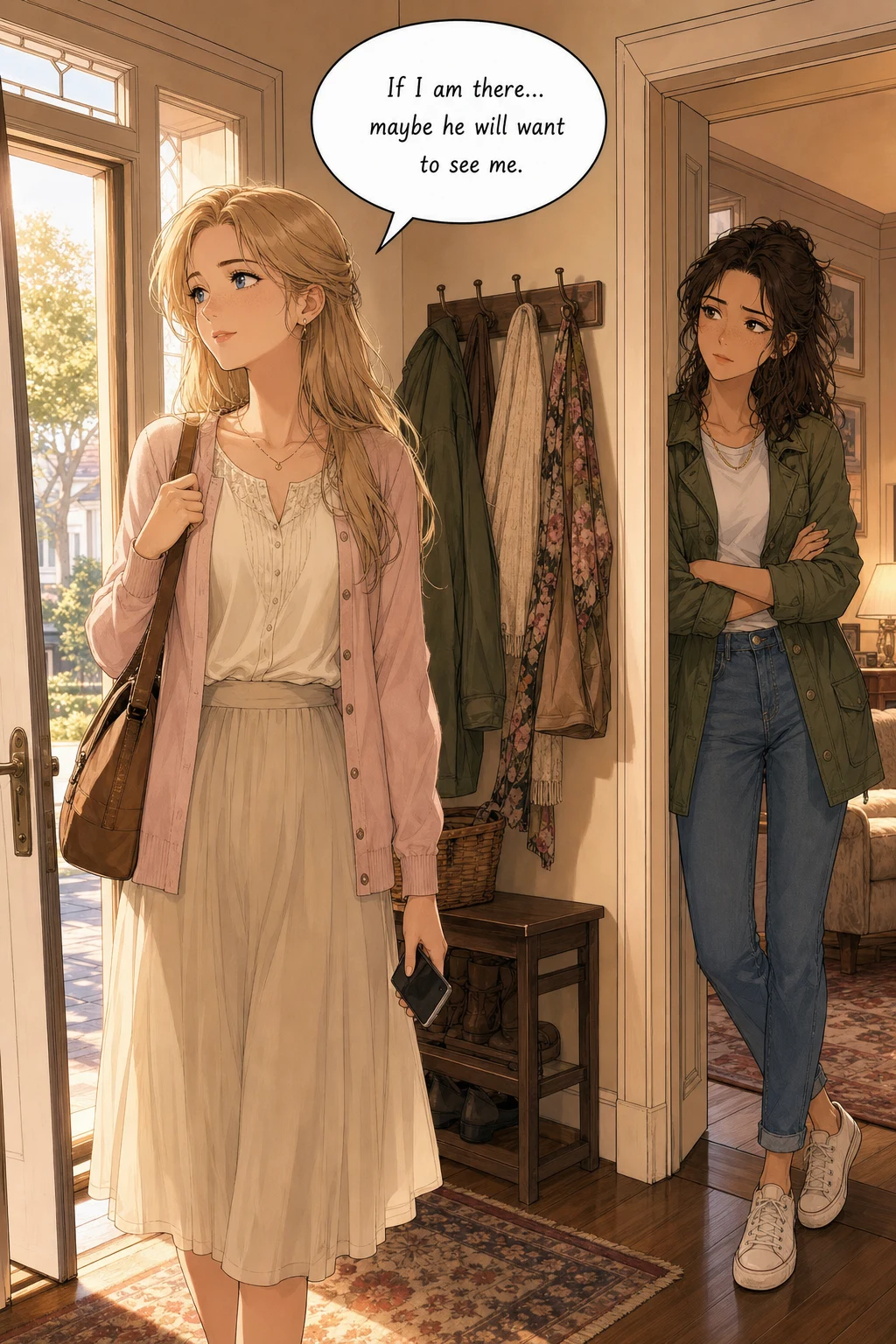 In the warm Bennet entryway at morning, Jane stands by the open front door with a weekend bag and a hopeful look while Lizzie watches from the inner doorway, arms crossed and worried.