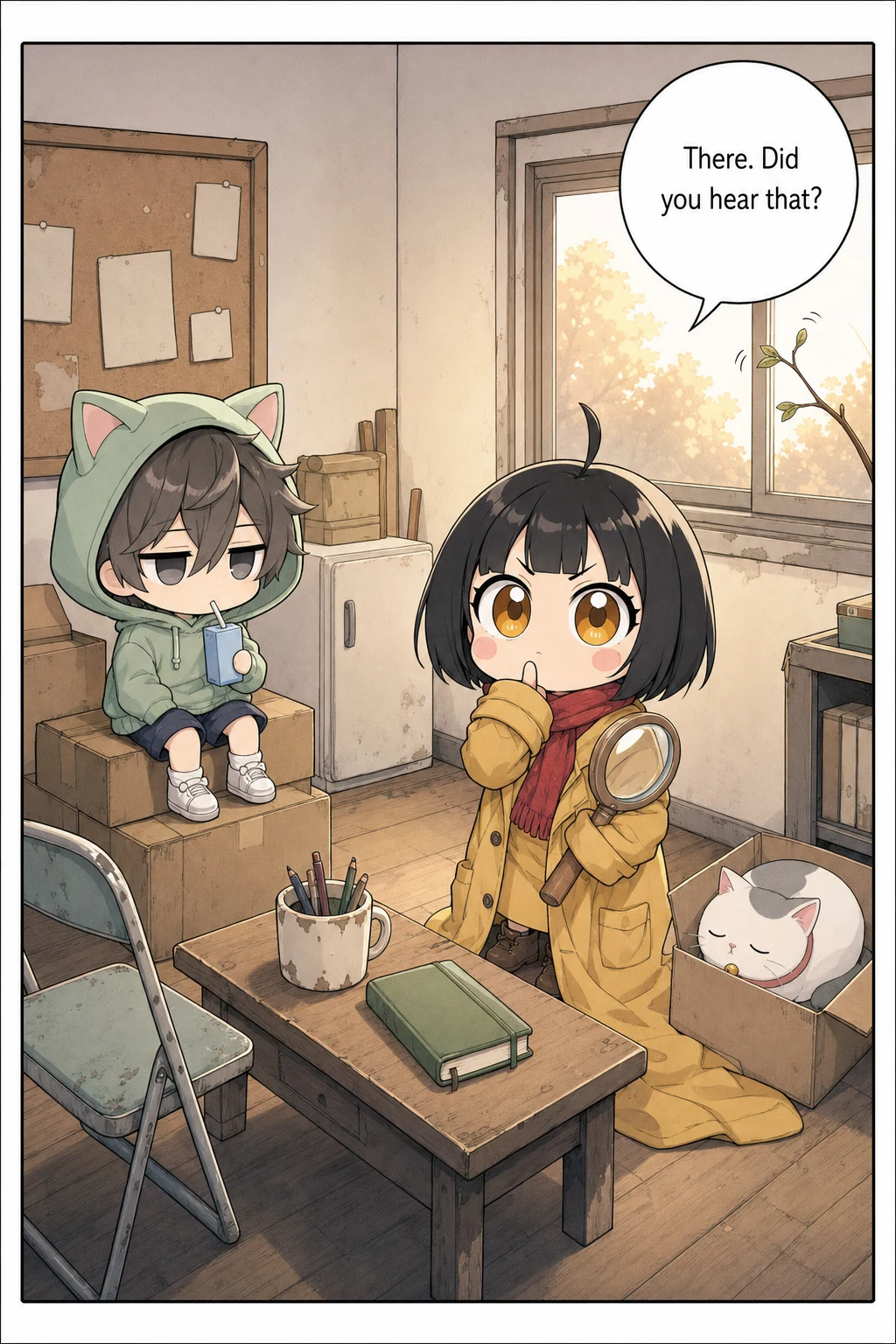 Wide view of the Tiny Case Agency clubroom. A chibi girl in an oversized mustard-yellow coat stands frozen in the middle of the room, one hand raised for silence, head cocked, listening. A chibi boy in a mint-green cat-ear hoodie sips a juice box on the cardboard boxes, a round white cat sleeps in an open box, and a leafy twig touches the square window outside.