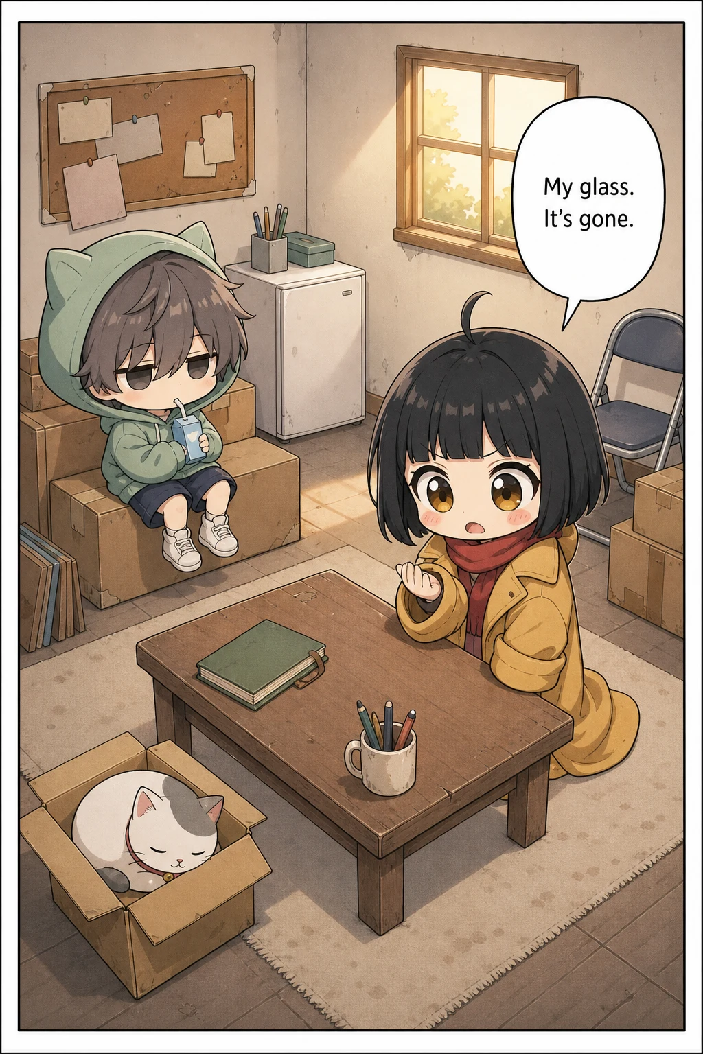 Wide view of the clubroom. A chibi girl in an oversized mustard-yellow coat stands at the low desk staring at her own empty open hand in horror, while a chibi boy in a mint-green cat-ear hoodie sips a juice box on the cardboard boxes and a small white cat sleeps in an open box on the floor.