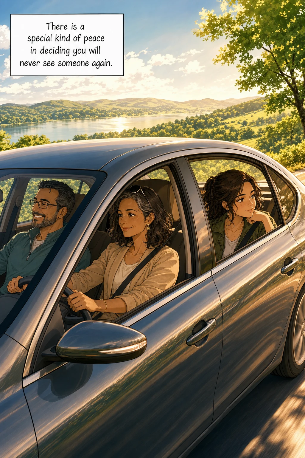 Lizzie Bennet rides in the back seat of a car with her aunt Maddie and uncle Ed, gazing wistfully out the window at sunlit summer hills and a distant lake.