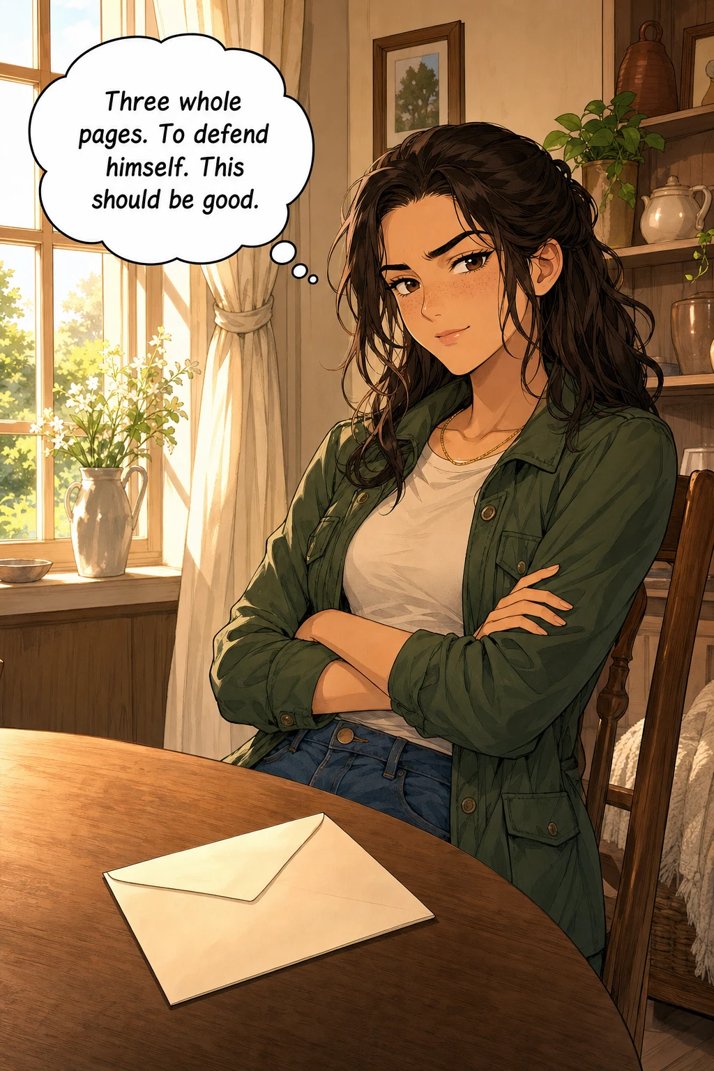 Lizzie Bennet sits at a sunlit cottage table, arms crossed and one eyebrow raised in skepticism, staring down at a blank sealed cream envelope lying in front of her.