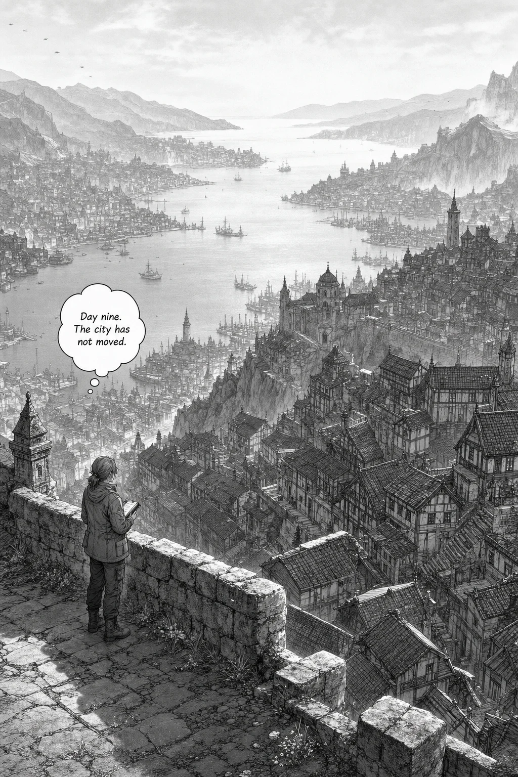Full-page view of the harbour city of Ninefold from a high stone terrace. Thousands of tiled roofs step down layered slopes to a wide pale harbour crowded with ships, headlands fading into haze under a thin white sky. Merel Vosberg stands small at a stone parapet in the lower left, her open notebook in one hand, looking out over the city.