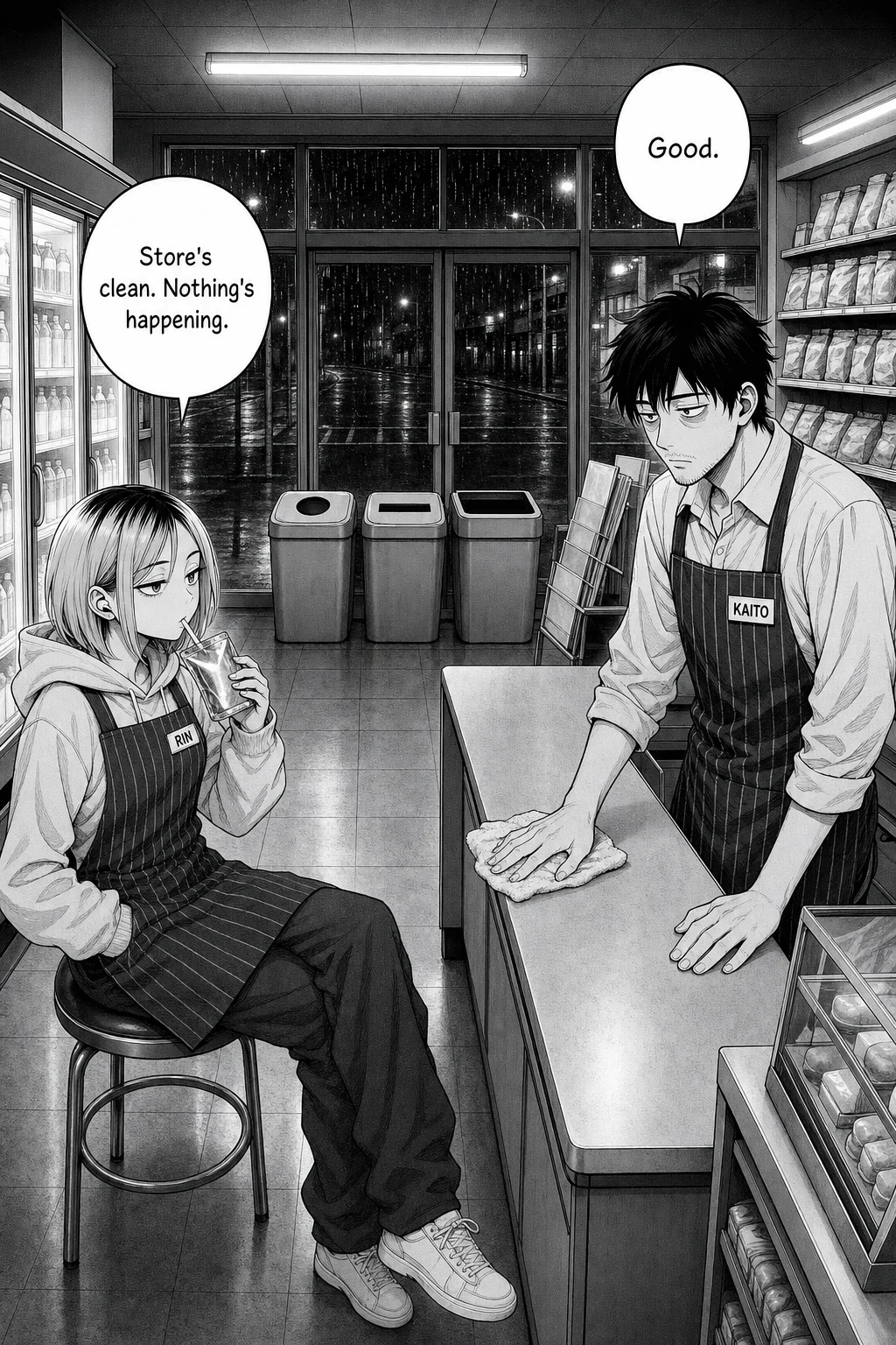 Wide night view inside a convenience store: Rin sits on a stool sipping a drink pouch while Kaito wipes the counter, three waste bins by the rain-streaked doors.