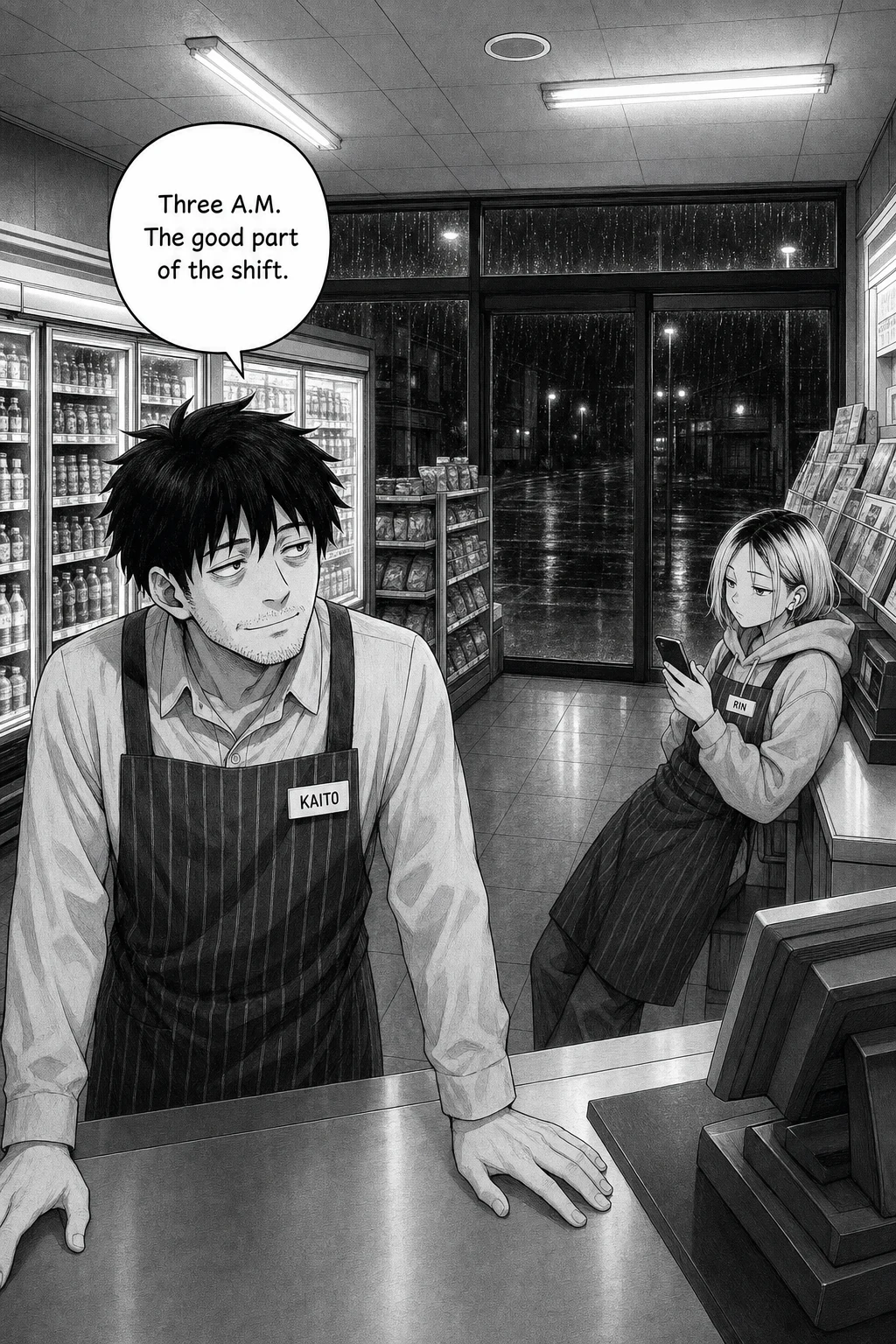 A spotless 24-hour convenience store at night; Kaito stands alone at the register while Rin leans on the far counter on her phone, rain on the windows.