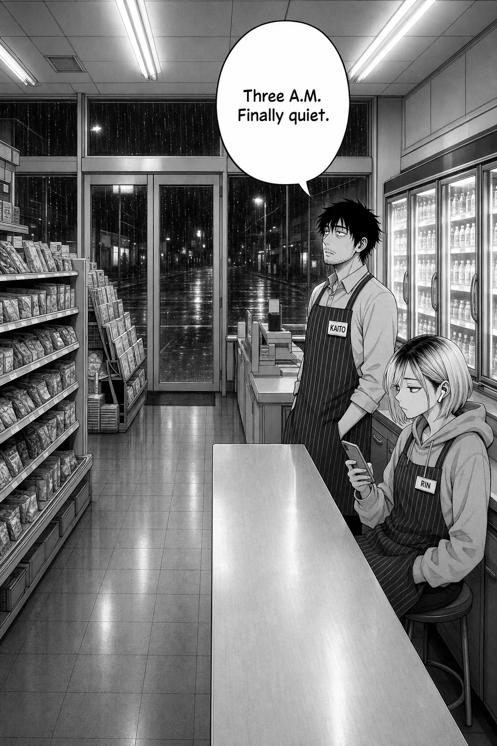 Wide night view down the aisles of a 24-hour convenience store; Kaito stands at the counter while Rin sits beside him on a stool looking at her phone, rain on the glass doors behind them.